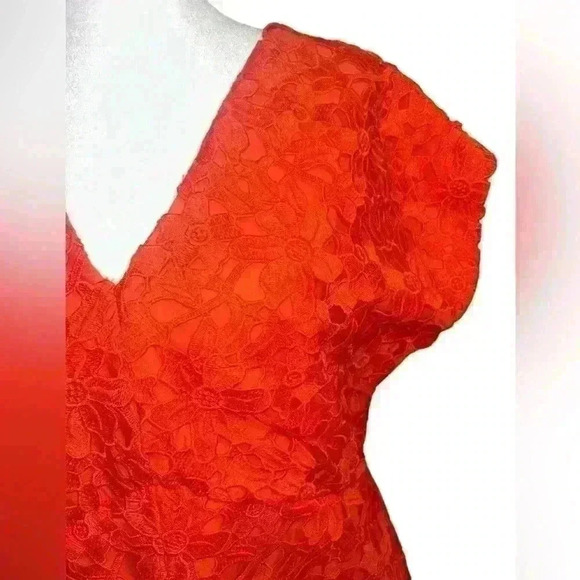 Banana Republic Size 8 Orange Lace Pleated Short Sleeve V-Neck Sheath Dress - Picture 6 of 10